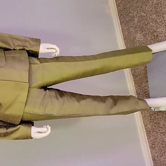VTG 1960s PAULE VASSEUR Silk Taffeta Metallic Olive Green Mod Pant Suit - Picture 5 of 9
